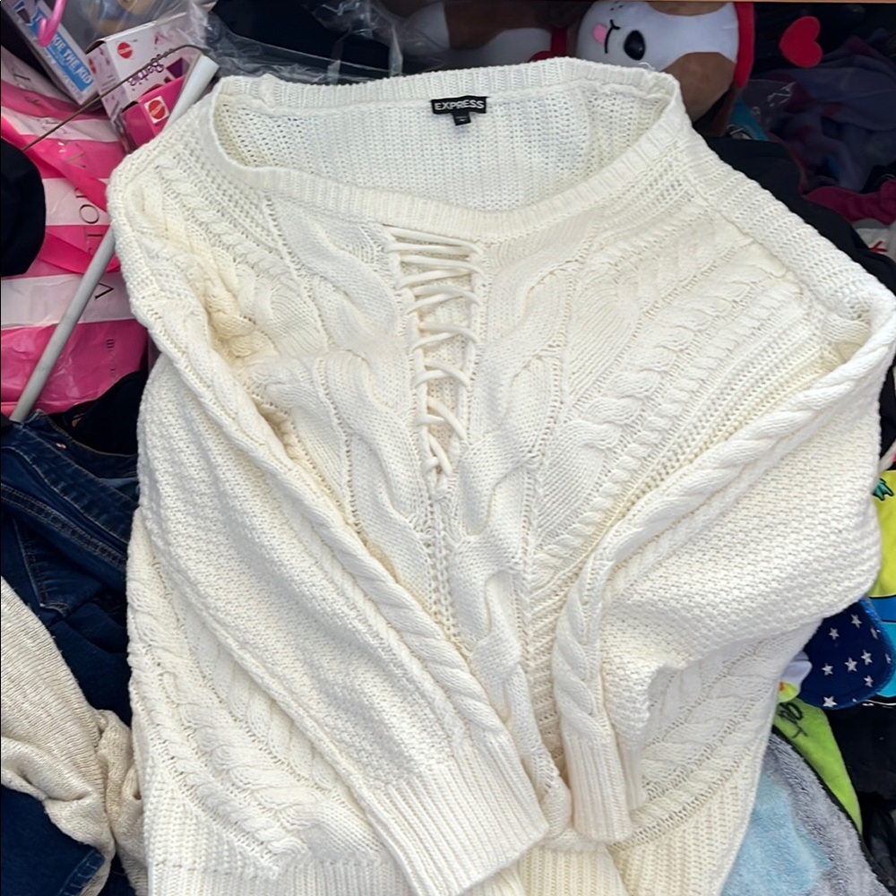 Express Cream Crew Neck Sweater with Knit Fabric